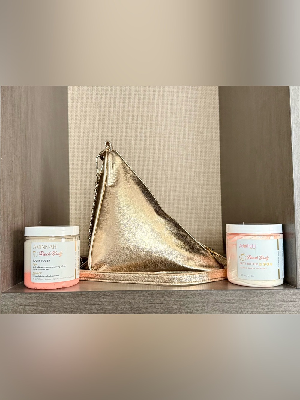 Metallic Gold Vegan Leather Crossbody & Aminnah Peach Scrub & Butter